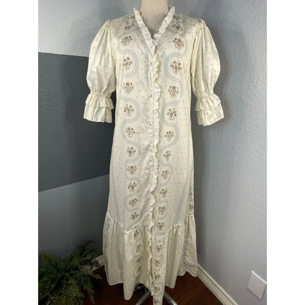 Parterre Dorothea Maxi Dress 0 Ivory Blue Botanical Floral Button Front Cotton